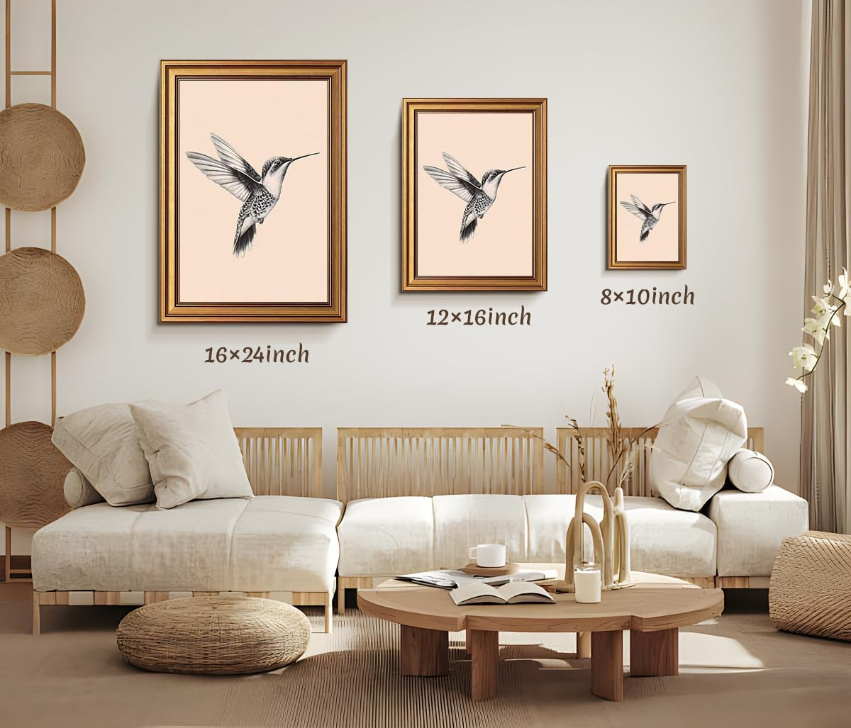Gold Framed Hummingbird Wall Art - Vintage Black And White Bird Pictures Wall Decor, Simple Flying Bird Painting Canvas Prints, Rustic Cottage Sketch Artwork for Bathroom Hallway 12x16 Inch