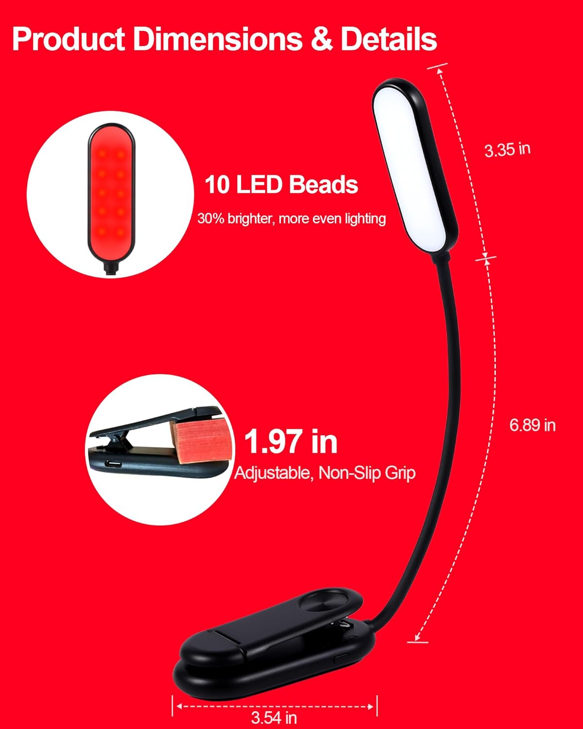 625nm Red Book Light [1 Pack] - Zero Blue Light, Rechargeable Clip On Red Reading Light Lamp for Reading at Night - Poratble Dimmable LED Book Lamp, Gift for Travel Studying Nursing