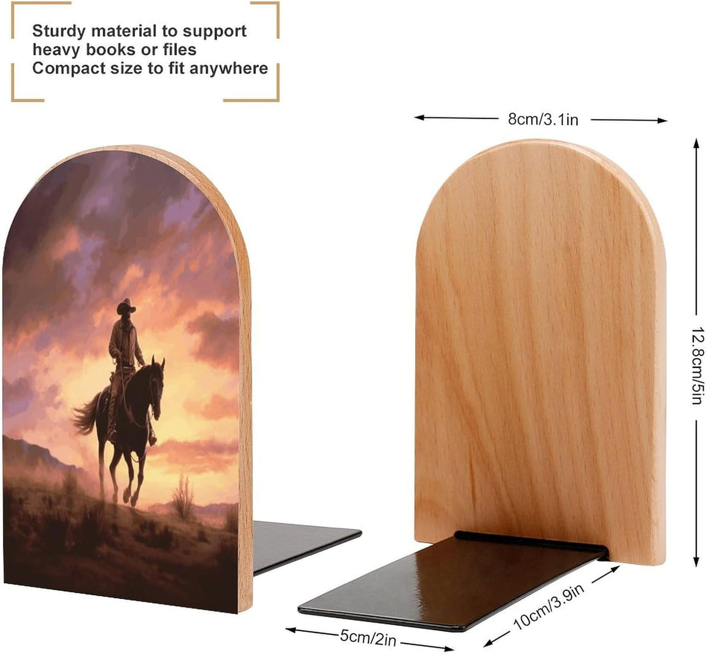 Cowboy West Bookends 1 Pair Heavy Duty Book Ends for Shelves Non-Skid Bookend Supports Wooden Book Holders with Metal Base Desk Organizers Books Storage to Hold Books