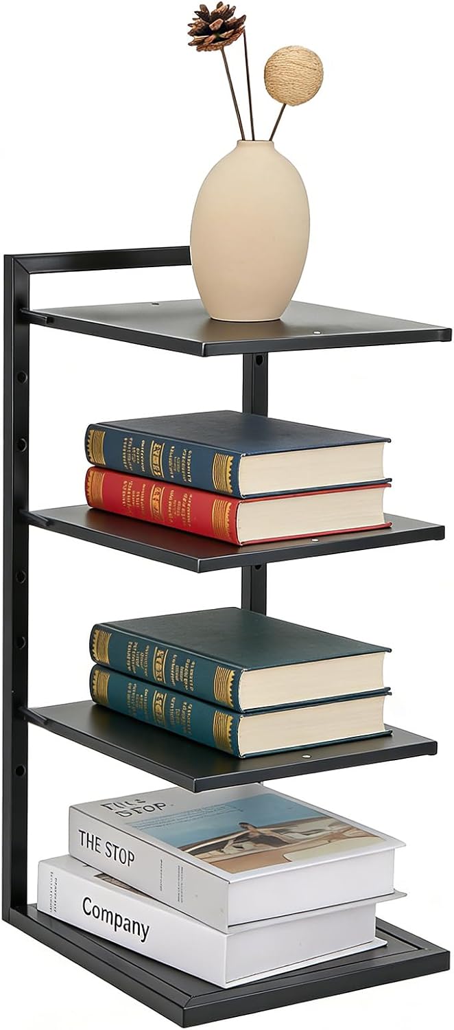 Rainmae 4-Tier Small Metal Bookshelf for Desktop, Adjustable Height Modern Bookcase, Space-Saving Book Storage Display Shelf Tabletop Organizer for Bedroom, Living Room, Office, Black