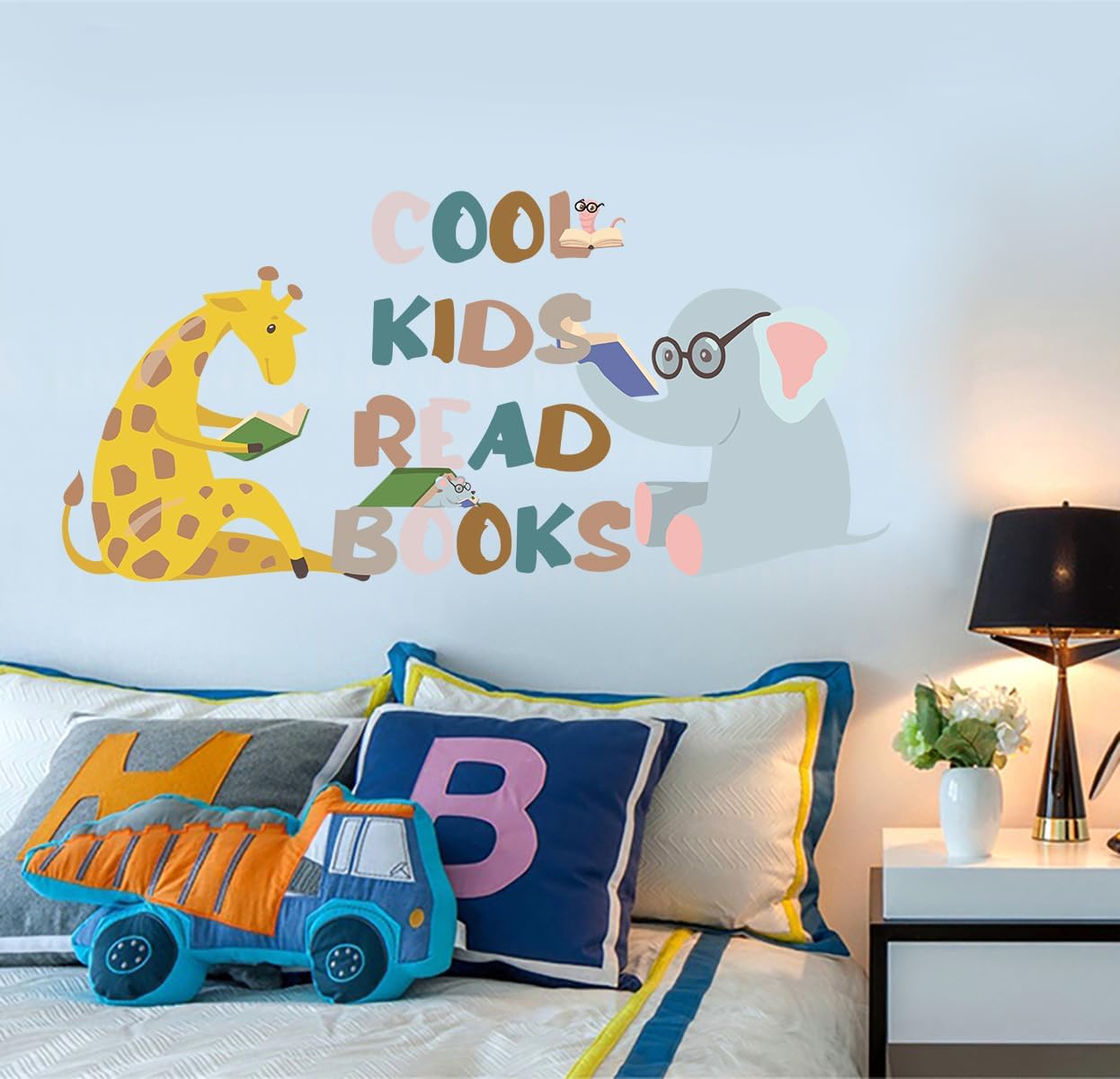 Reading Wall Decal for Kid's Room, Cool Kids Read Books Motivational Quotes Wall Sticker, Giraffe Elephant Reads Theme Vinyl Removable Wall Art for Classroom Preschool Library