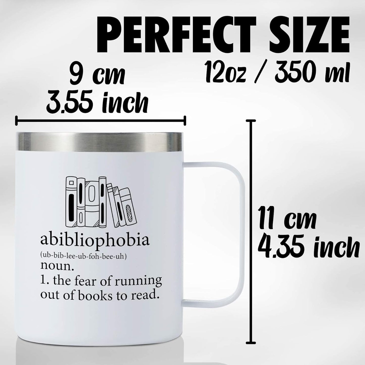Onebttl Book Lovers Gifts For Women, Men - Abibliophobia - 12 oz /350 ml Insulated Mugs - Reading Gift for Book Worm, Librarians, Readers - (White)