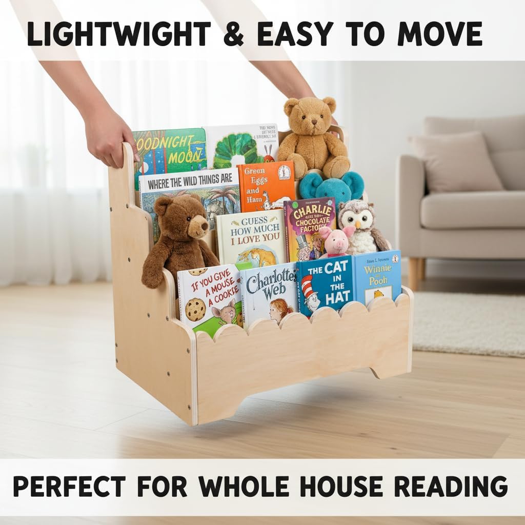 Small Wooden Bookshelf 4-Tier, Natural Pine Wood Kids Bookshelf, Scalloped Toddler Book Shelf, Baby Nursery Book Shelf, Display Front Facing Montessori Book Case for Children Room Playroom
