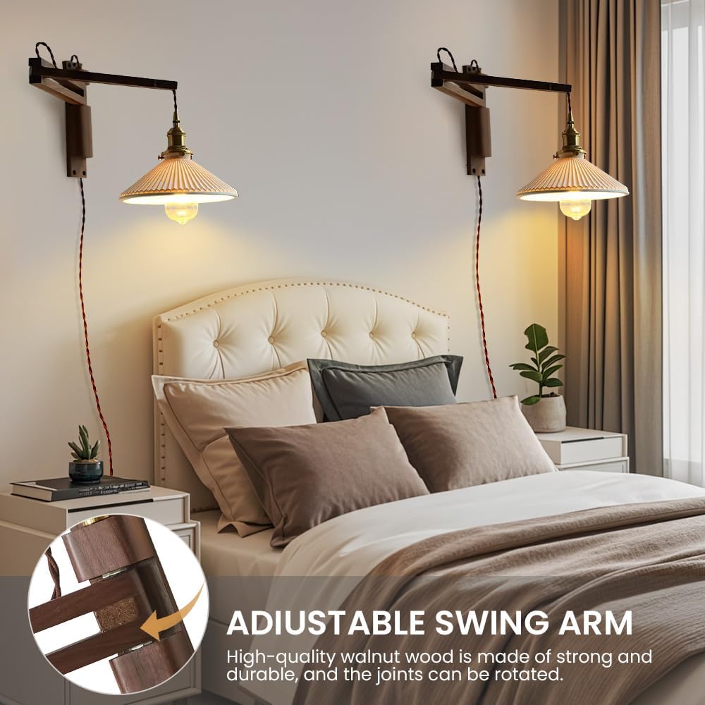 Walnut Plug in Wall Sconces,Vintage Japanese Swing Arm Wall Lamp Ceramic Shade Brass Socket for Bedroom Nightstand Bedside Reading,Bulb Included
