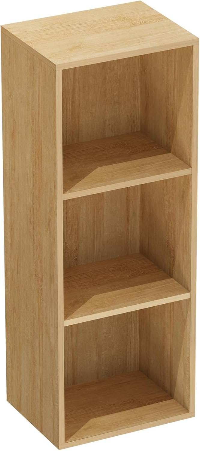 3 Tier Bookshelf, Narrow Bookcase for Small Spaces, Wooden Book Case Bookshelves Storage Organizer for Bedroom Living Room Home Office (Oak, 3 Cube)