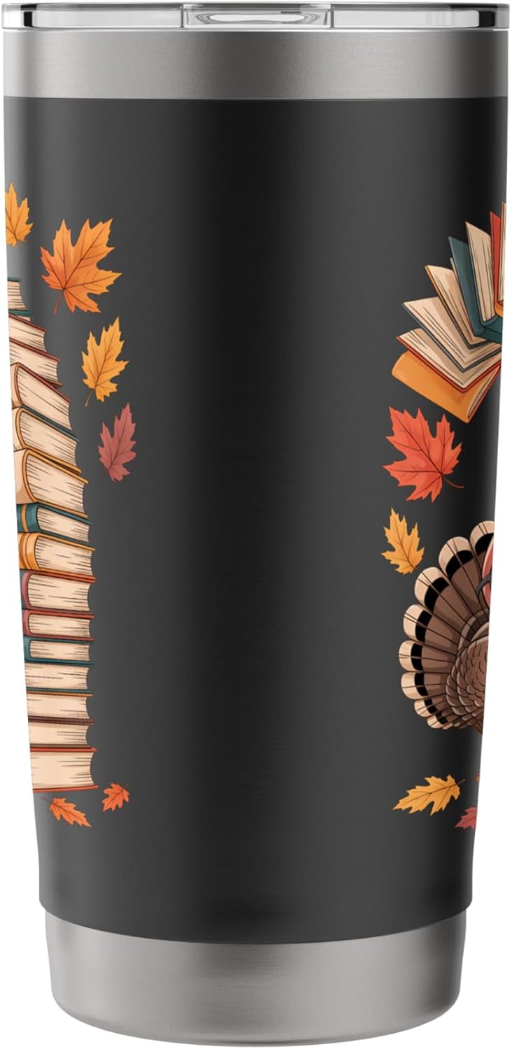 Fall Reads Turkey Book Stack Autumn Leaves Stainless Steel Insulated Tumbler
