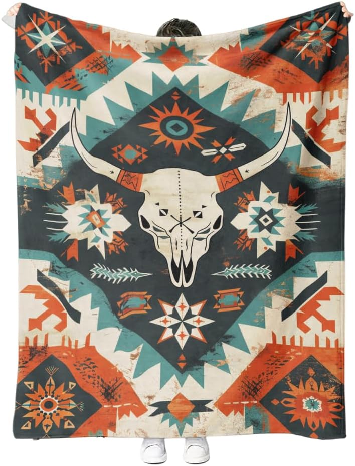 Southwestern Tribal Throw Blanket, Bull Skull Aztec Soft Fleece Blanket for Naps, Outdoor, Travel, Office, Gift (50 x 60 inch)