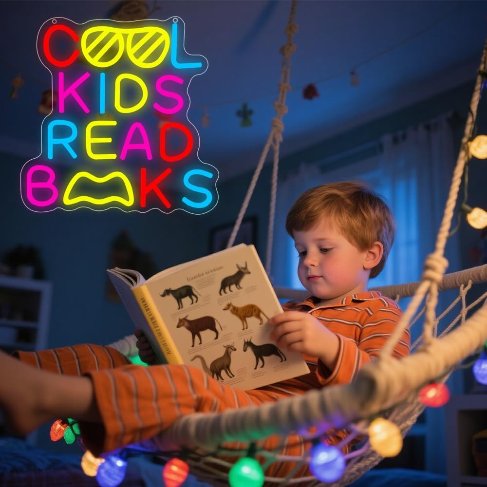 Cool Kids Read Books Neon Sign,Classroom Neon Sign Gift for Kids Teens,Reading LED Light Wall Decor for Library Reading Corner Bedroom Book Themed Party Decorations Study Room USB Powered（12.2"*12.1"）