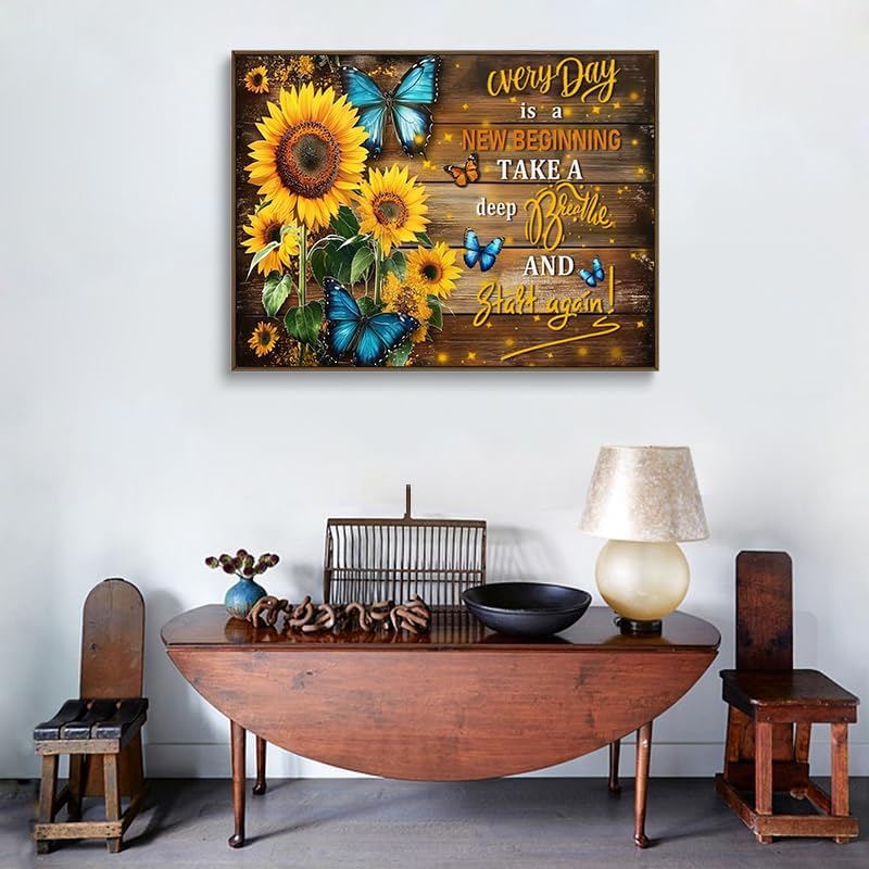 Sunflower Canvas Wall Art Blue Butterfly Rustic Wood Wall Decor Inspirational Prints Quotes Posters Vintage Painting Framed Artwork For Bedroom Living Room And Kitchen Home Modern Decors 12x16 Inches