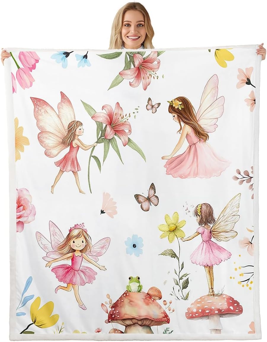 Feelyou Kids Princess Fleece Throw Blanket Fairy Garden Sherpa Blanket Pink Plush Blanket for Bed Sofa Couch Boys Girls Teens Bedroom Decor 40"x50"