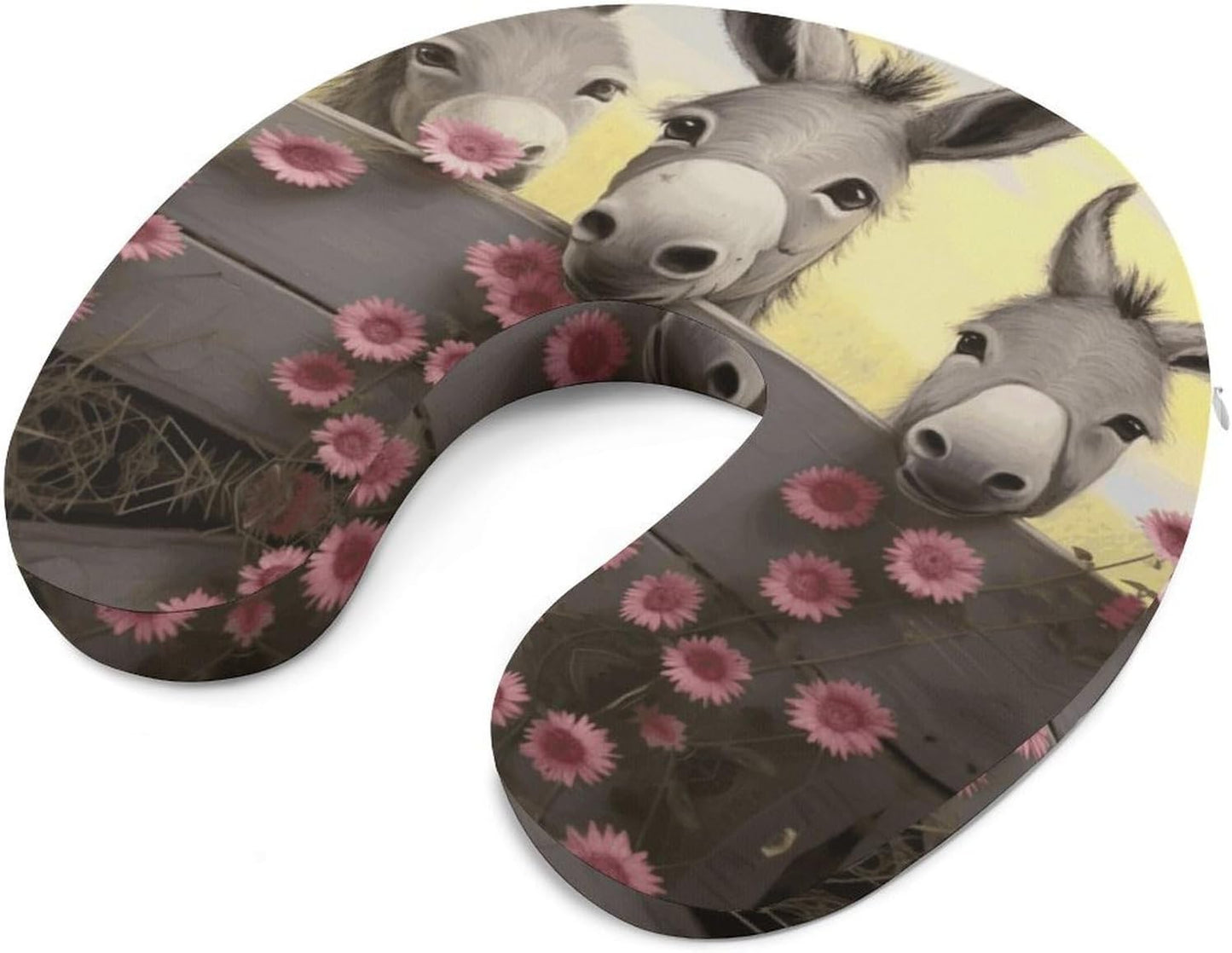 Donkey and Flower Neck Pillow Memory Foam U Shaped Pillows Portable Pillows for Shoulder Travel Head Support Pillow with Concealed Zipper for Airplane Car Home Office