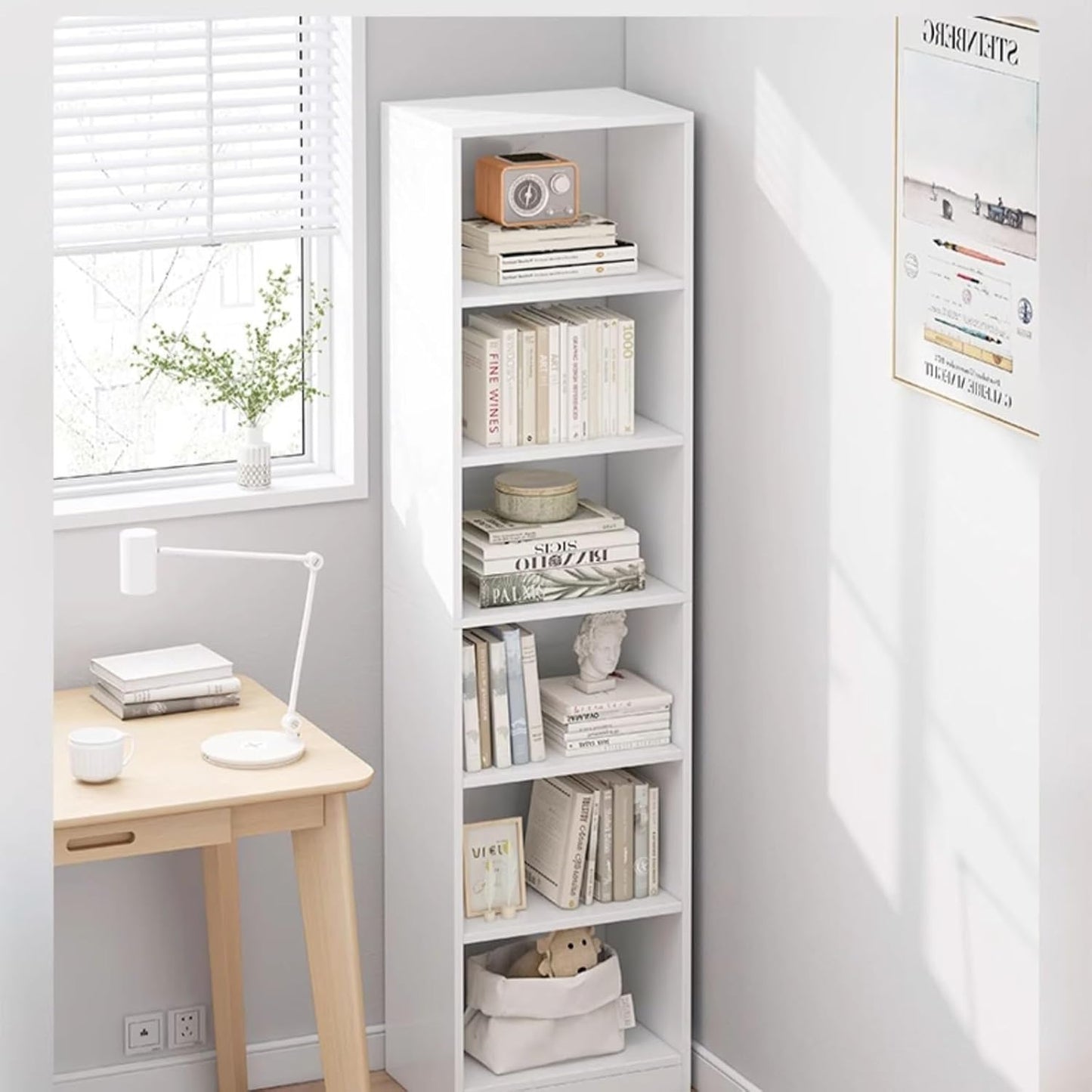 Tall Narrow Corner Bookcase - Four-Tier White Bookshelf with Open Shelves, Space-Saving Storage Tower Rack, Modern Cubes Shelf for Small Spaces