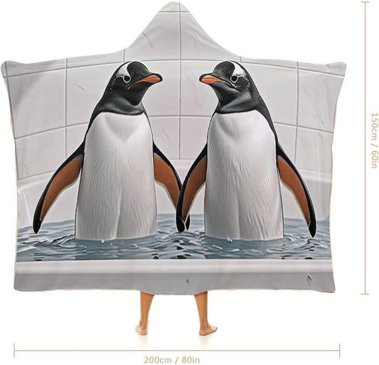 Penguin in Bathtub Wearable Hoodie Blanket for Women Men Fleece Blanket with Hood Oversized Warm Cozy Gifts
