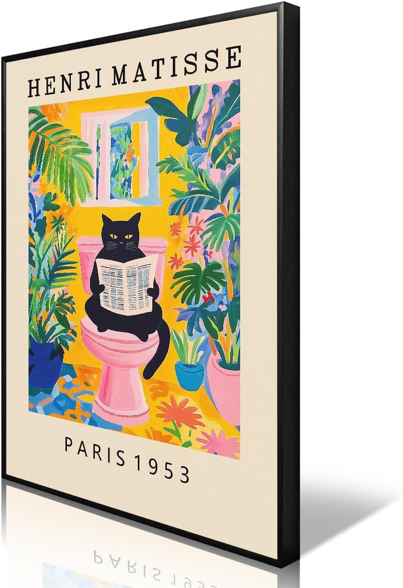 XMJJQQ Cat Canvas Wall Art, Black Cat on Toilet Reading Newspaper Bathroom Poster, Pink Dopamine Henri Matisse Inspired Mid Century Print, Green Tropical Botanical Restroom Picture 8x12in Unframed