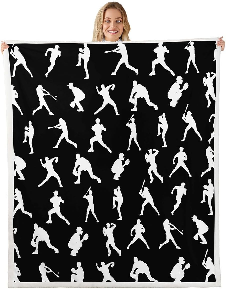 Feelyou Black White Baseball Throw Blanket Sports Game Soft Fleece Sherpa Cozy Fuzzy Plush Warm Baseball Player Fuzzy Plush Throw Ball Games Baby 30"x40" for Bed Couch Living Room