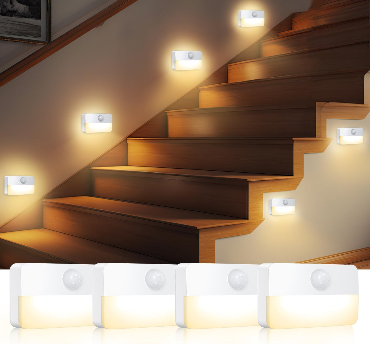 AMIR 4 Pack Mini Motion Sensor Stair Light for Indoor, Battery-Powered LED Night Light, 40 Lumen 3000K, Cordless Closet Lights, Safe Lights for Stairs, Hallway, Bathroom, Kitchen, Cabinet