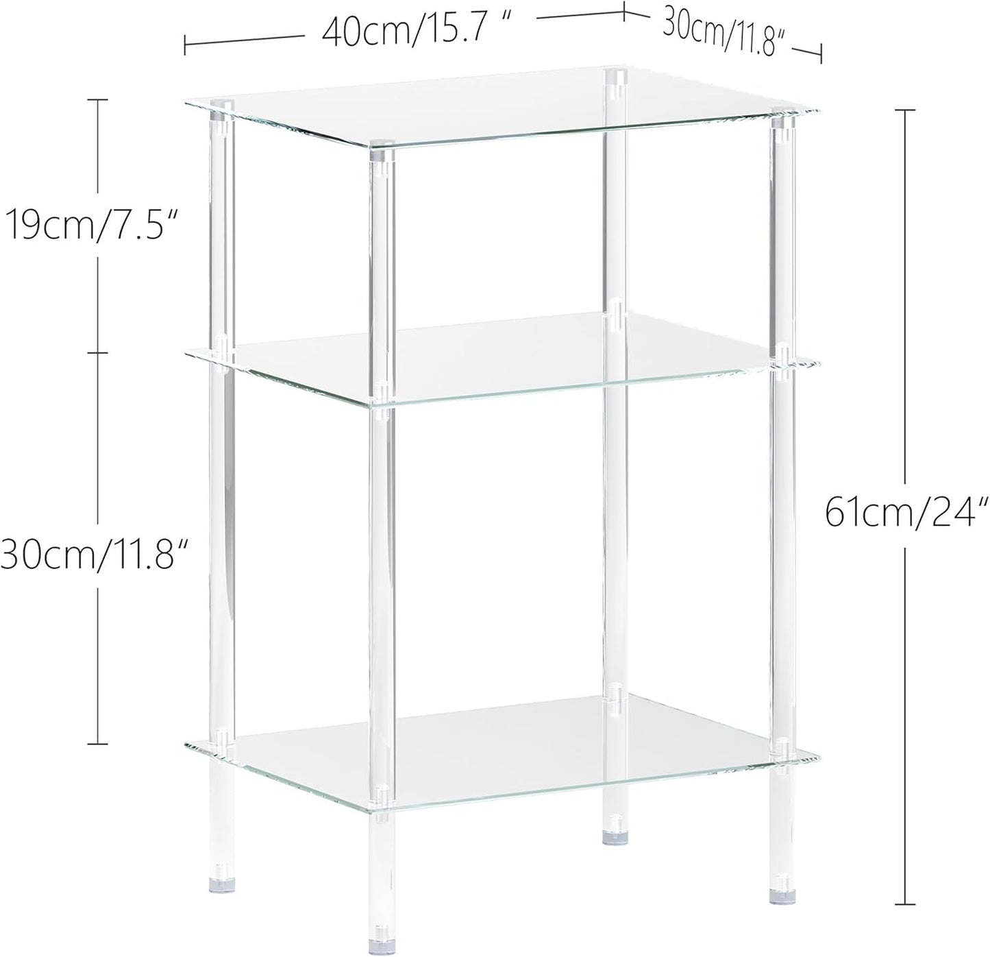 Tempered Glass Side Tables Set of 2 Acrylic End Table with 3 Storage Shelve transparent Bedside simplicity clear 3-Tier Nightstands small Spaces Office Bedroom Living Room Study Transparent ET-008TR3T