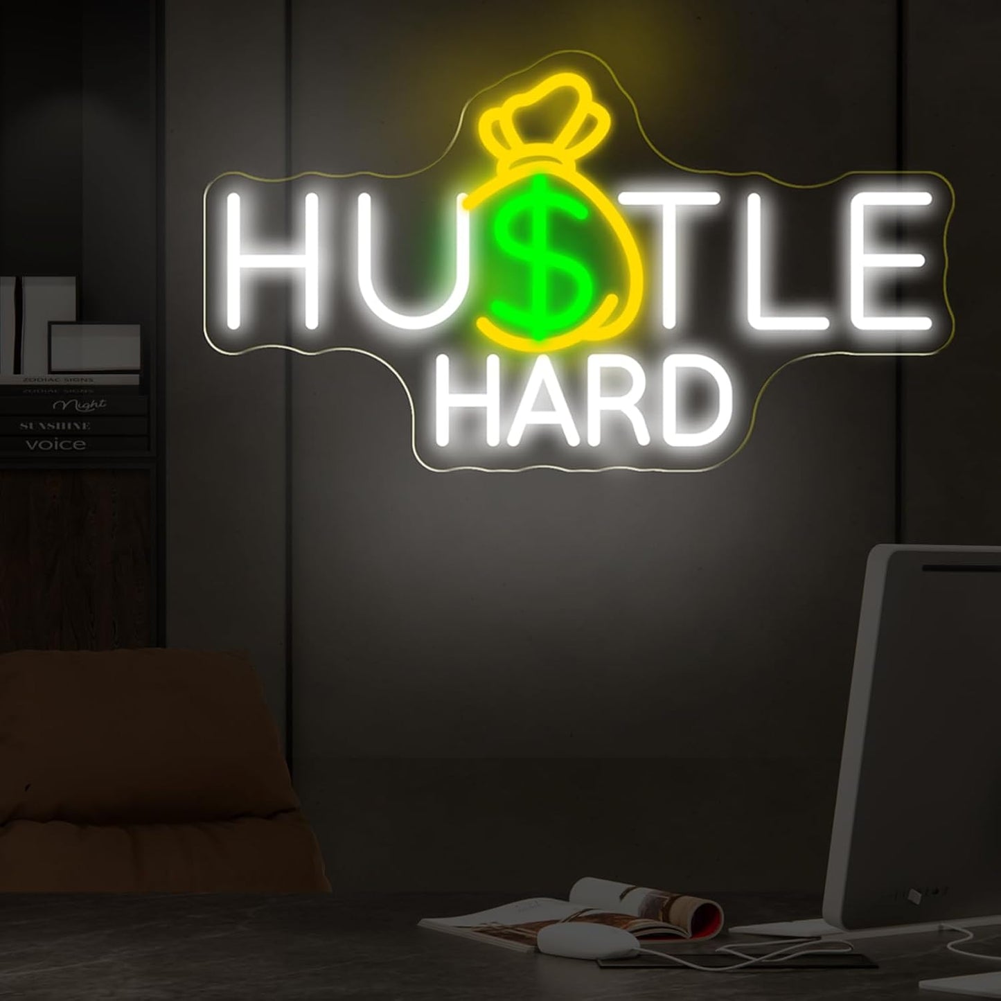 Hustle Hard Neon Sign, Hustle Hard Money Dollar LED Light, Motivational Modern Space Neon Light, Inspirational Quote Decor for Bedroom Party Man Cave Bar Decoration, Restaurant Bar Hotel Shop-16.7"