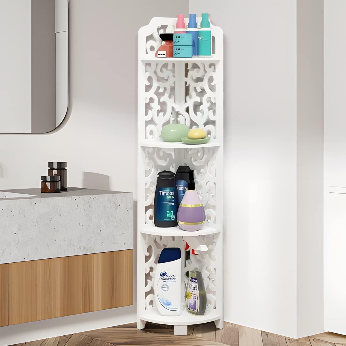 4 Tier Corner Shelf, Corner Ladder Shelf for Living Room, Free Standing Corner Shower Rack for Bathroom, Multipurpose Bathroom Corner Shelves Unit for Small Spaces (Baroque)