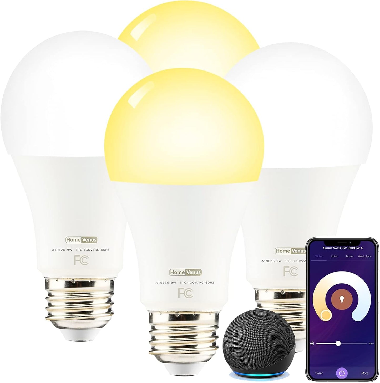 Homevenus HVS Smart Light Bulbs,9W A19 E26 Dimmable Tunable Cool Warm White LED Light Bulb 2500k-6500k, APP Control 2.4GHz WiFi Bluetooth Assist Connection, Work with Alexa/Google Assistant 4 Pack
