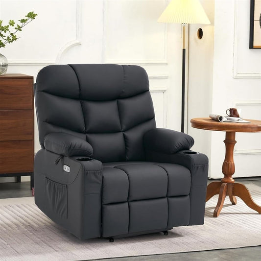 Wide Power Lift Recliner Chair with Extended Footrest for Elderly, Comfortable Black Leather Electric Recliner for Adults, Home Theater Seating Sofa Chair