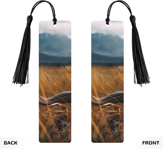 Snake in The Field Bookmarks Gifts for Women Men, Wooden Bookmarks for Book Lovers, Vintage Book Marks Ornaments with Tassel, Unique Personalized Reading Page Markers Black