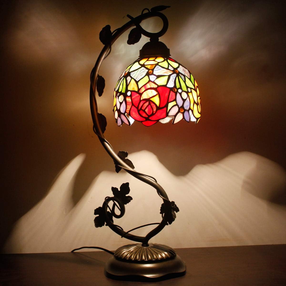 WERFACTORY Tiffany Table Lamp Red Rose Style Stained Glass Reading Desk Light with Metal Leaf Base 6X10X21 Inches Decor Small Space Bedroom Home Office S001 Series