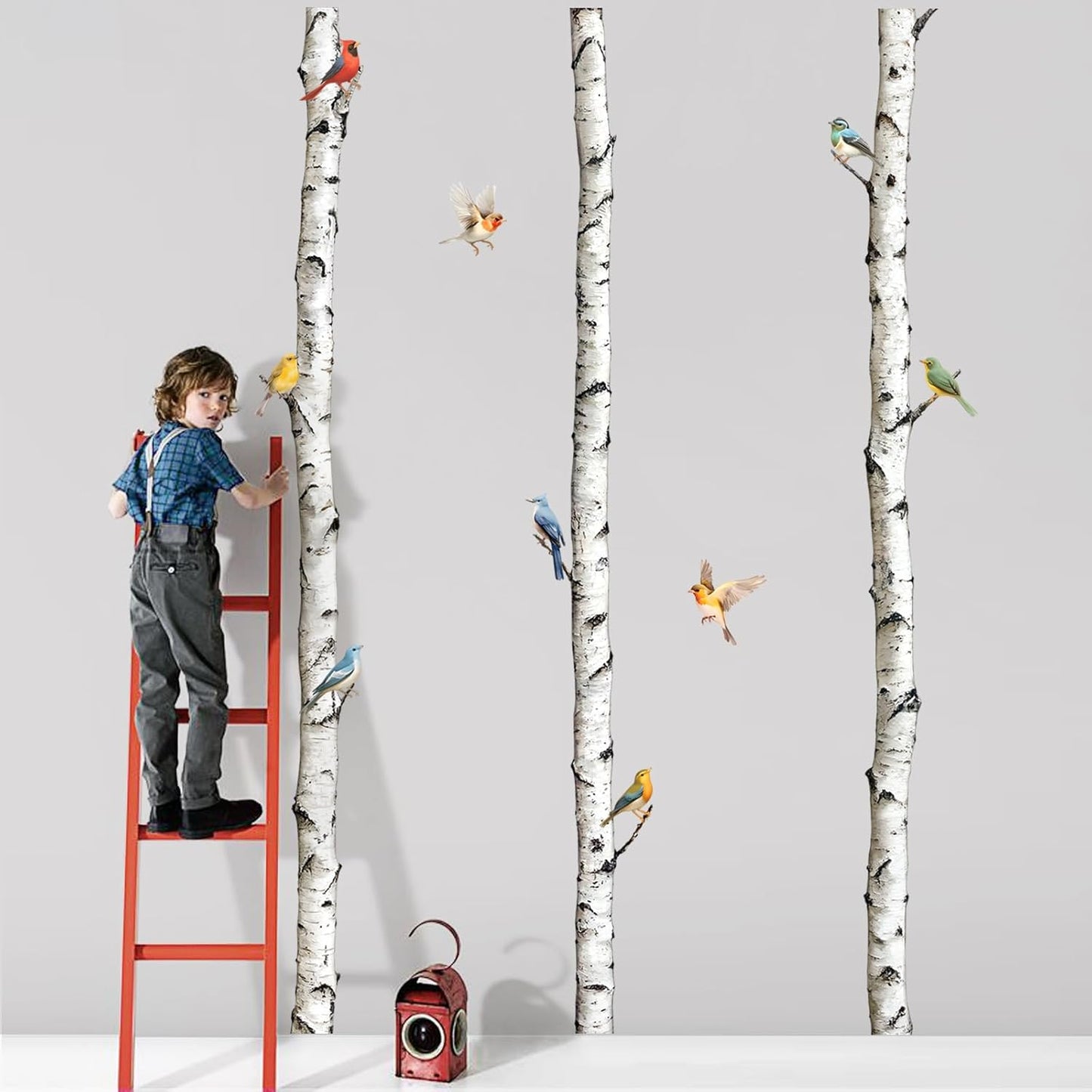 95" Tall Birch Tree Wall Decals 3 White Aspen Trees Flying Birds Wall Stickers Peel and Stick Birch Trunk Wall Art Decor for Bedroom Living Room Kitchen Sofa TV Backdrop