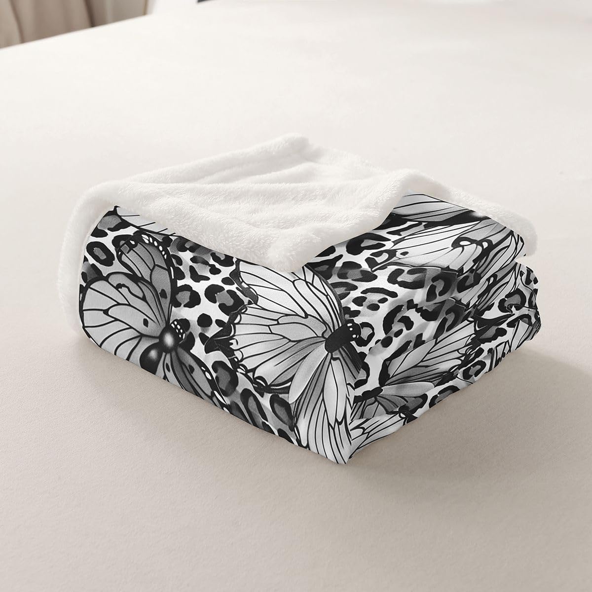 Feelyou Black Leopard Printed Sherpa Throw Blanket for Couch Butterfly Super Soft Cozy Fleece Animals Blanket for Winter, Plush Throw Baby 30"x40" All Season
