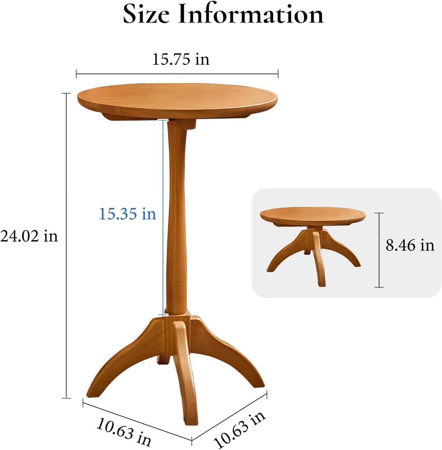 Small Round Side Table, Solid Wood End Table with Adjustable Height, Portable Accent Coffee Table, Nightstand,15.75" Dia.x 23.62" H,(Natural)