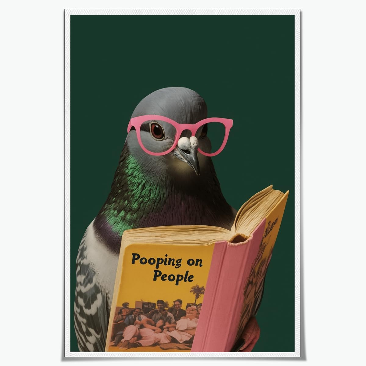 Funny Bathroom Wall Art Quirky Pigeon Reading Pooping on People Poster Trendy Bathroom Humor Painting Canvas Print Retro Bird Animal Green Wall Decor For Home Toile Restroom 16x24inch Unframed