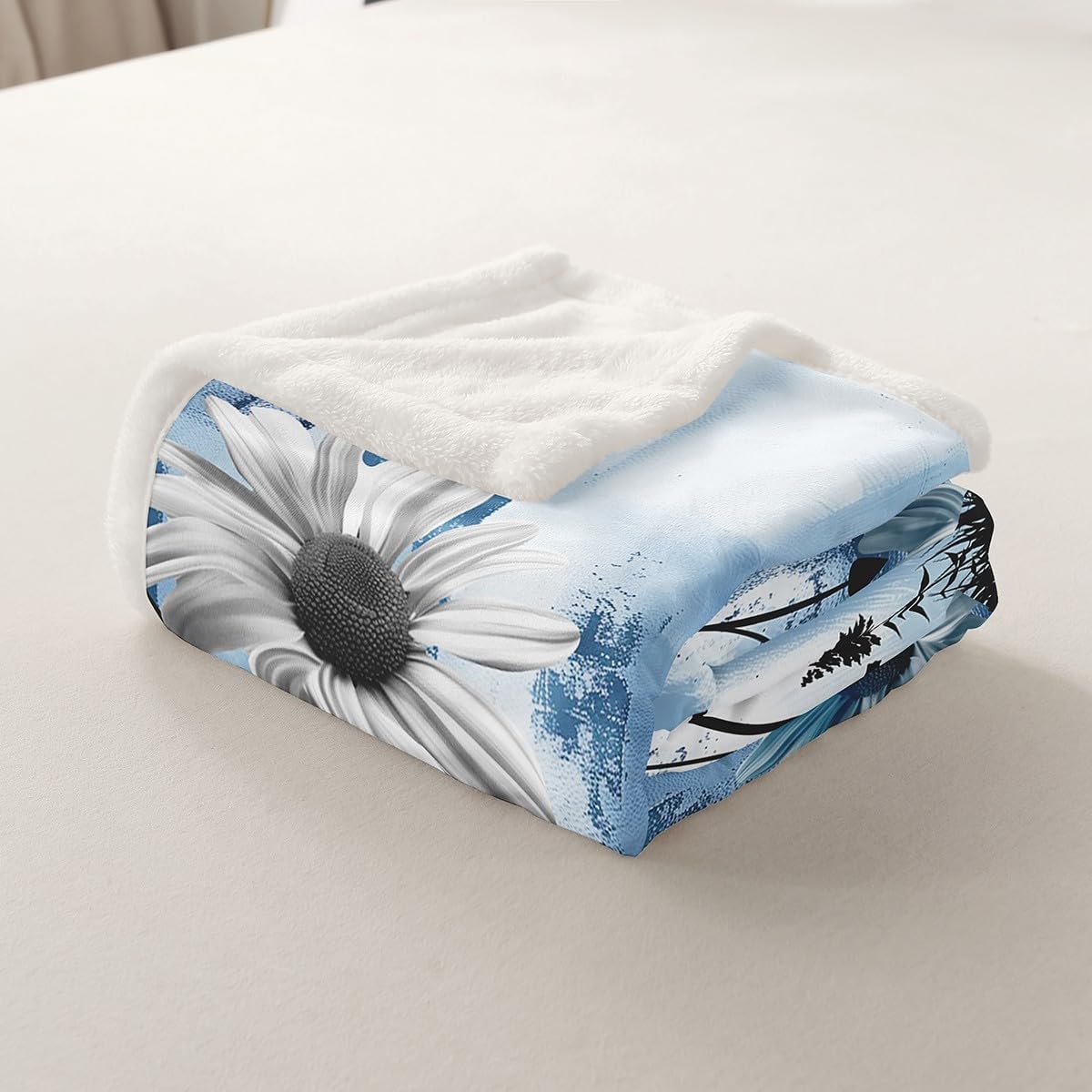 Rustic Floral Fleece Blanket,Farm Daisy Flowers Butterfly Country Throw Blanket for Adult Man,Blue Abstract Art Graffiti Lightweight Polyester Sherpa Blanket for Sofa, Queen (90 x 90 Inch)
