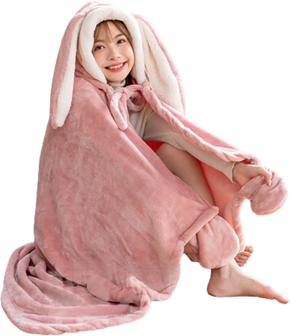 Holiberty Womens Hooded Throw Blanket Cute Buuny Ears Cozy Flannel Pockets Shawl Wrap Warm Cape Oversized Wearable Blanket
