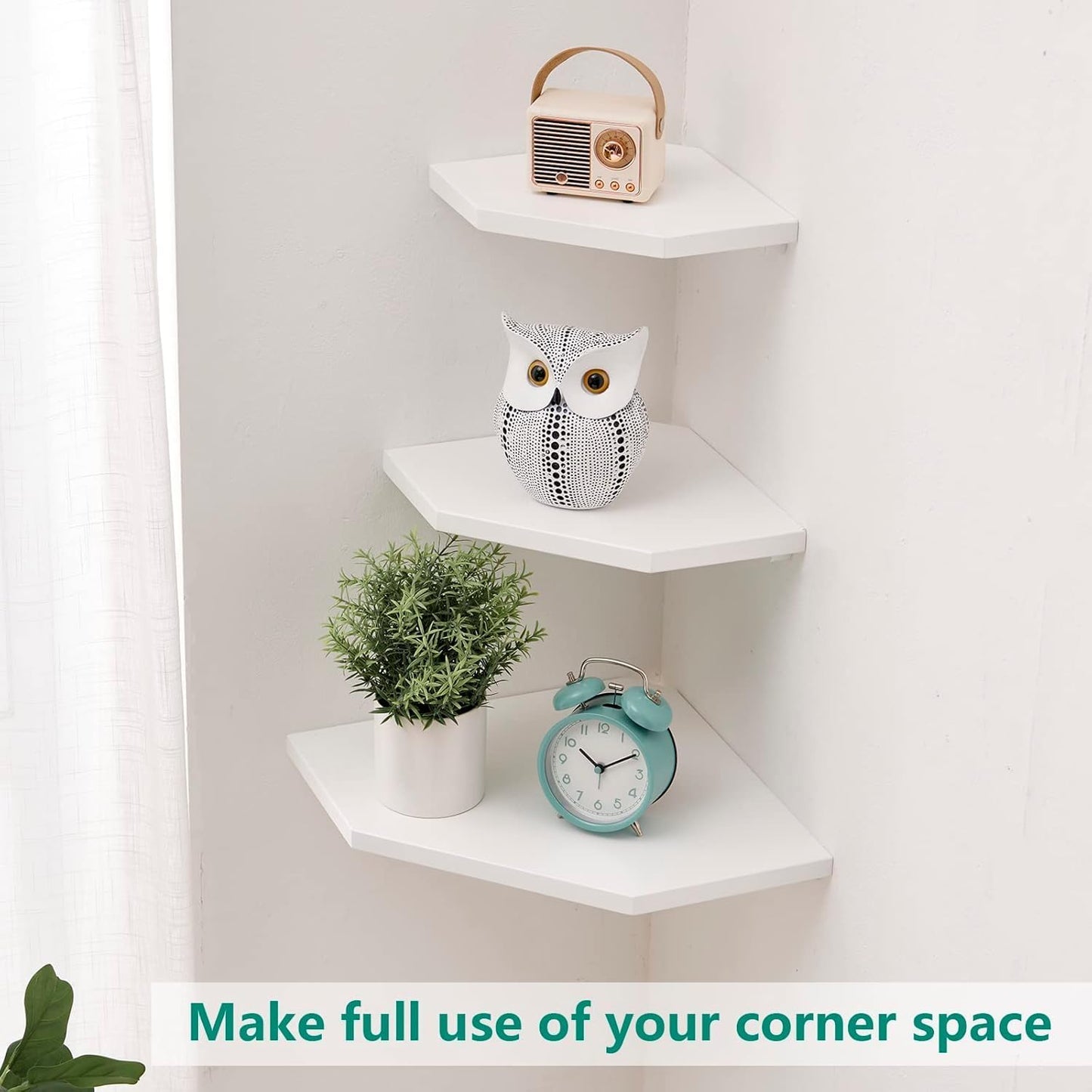 Corner Floating Shelves, White Corner Wall Shelf Set of 2, Solid Oak Wood Corner Shelves Wall Mount Shelf with Wire Hole Small Plant Display for Kitchen Living Room Bedroom