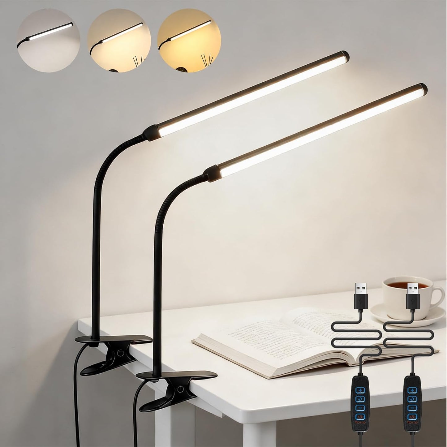 2 Pack LED Desk Lamp with Clamp,Eye-Caring Clip on Lights for Home Office Study Reading,3 Modes 10 Brightness,Long Flexible Goose-Neck,Swing Arm Architect Task Table Lamps with USB Adapter