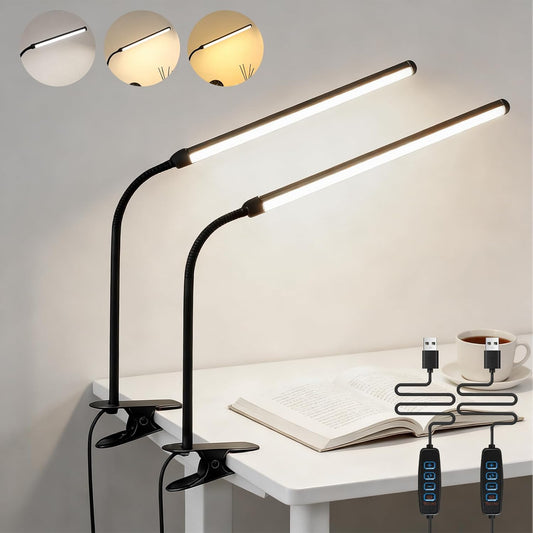 2 Pack LED Desk Lamp with Clamp,Eye-Caring Clip on Lights for Home Office Study Reading,3 Modes 10 Brightness,Long Flexible Goose-Neck,Swing Arm Architect Task Table Lamps with USB Adapter