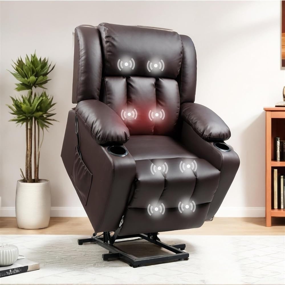 Power Lift Recliner Chair, Living Room Electric Recliner with Massage and Heat, Leather Lift Chair with USB Port and Cup Holders, Adjustable Reclining Sofa with Side Pocket