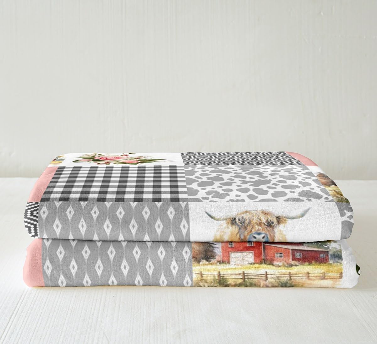 Farmhouse Barn Flannel Blanket,Chicken Highland Cow Flowers Grid Fuzzy Blanket Children Present,Rustic Pink Patchwork Geometric Polyester Throw Blanket Couch, Twin Size (60 x 80 Inch)