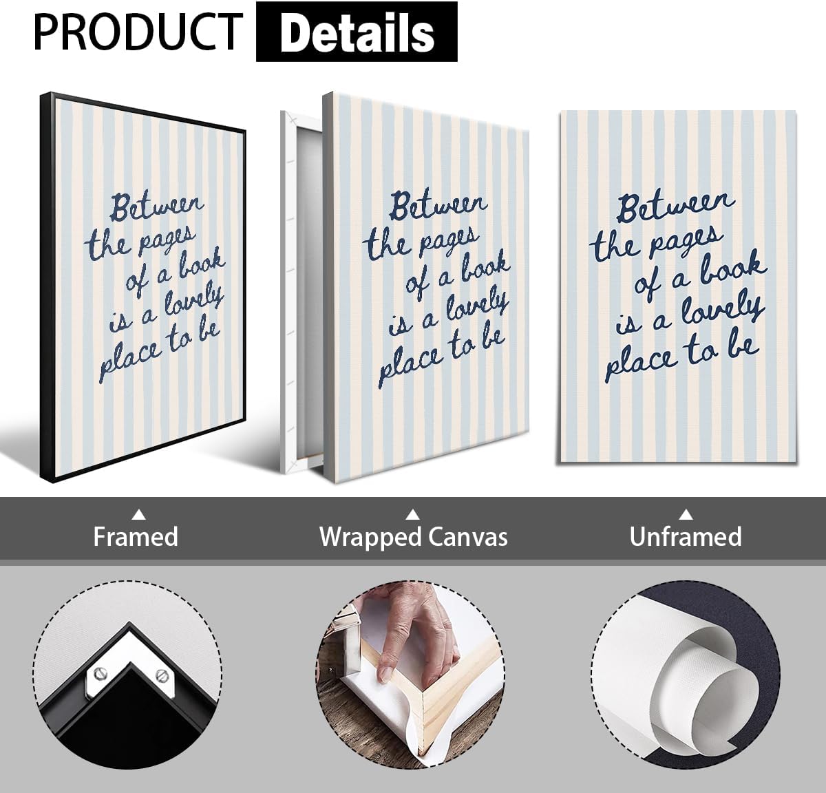 Adyggefy Book Canvas Wall Art, Between The Pages of A Book Is A Lovely Place To Be Quote Poster, Minimalist Bookish Literary Gift Print, Classroom Home Library Wall Decor 8x12in Unframed