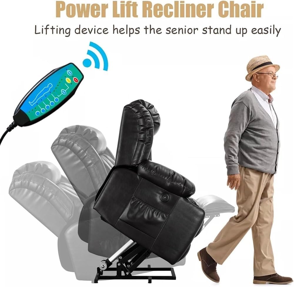 Electric Power Lift Recliner Chair for Seniors with Heat & Massage, Leather Upholstery, Breathable Big Reclining Lift Chair with 2 Cup Holders, USB Ports, Side Pockets