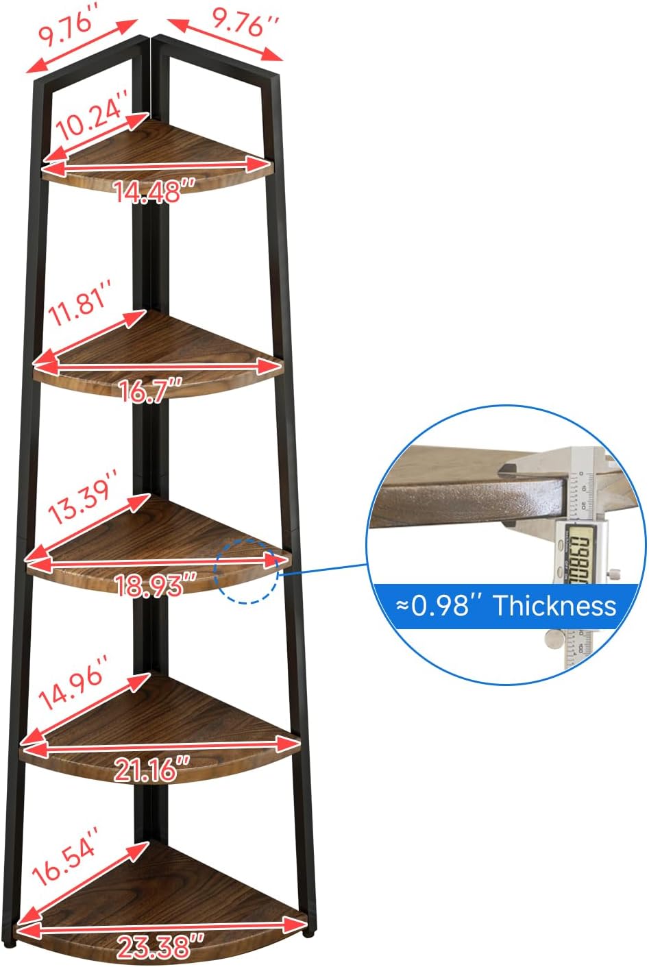 Soild Wood Corner Shelf, 5 Shelf Bookcase for Bathroom & Living Room, Tall Corner Bookshelf with Ladder Design, Space Saving Corner Bookcases (Brown)