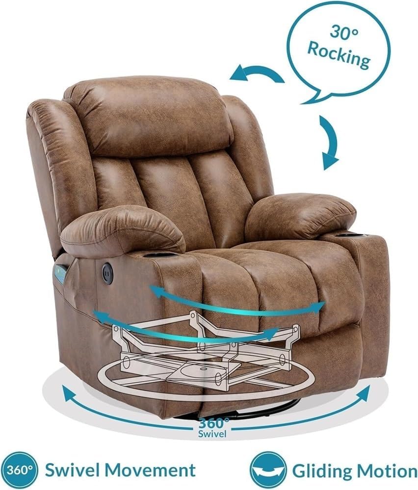 Power Swivel Glider Recliner with Lumbar Heating & Massage, Large Electric Rocking Chair with USB Charging, Cup Holder & Storage Pockets – Nursery-Ready Comfortable Recliner for Living Room