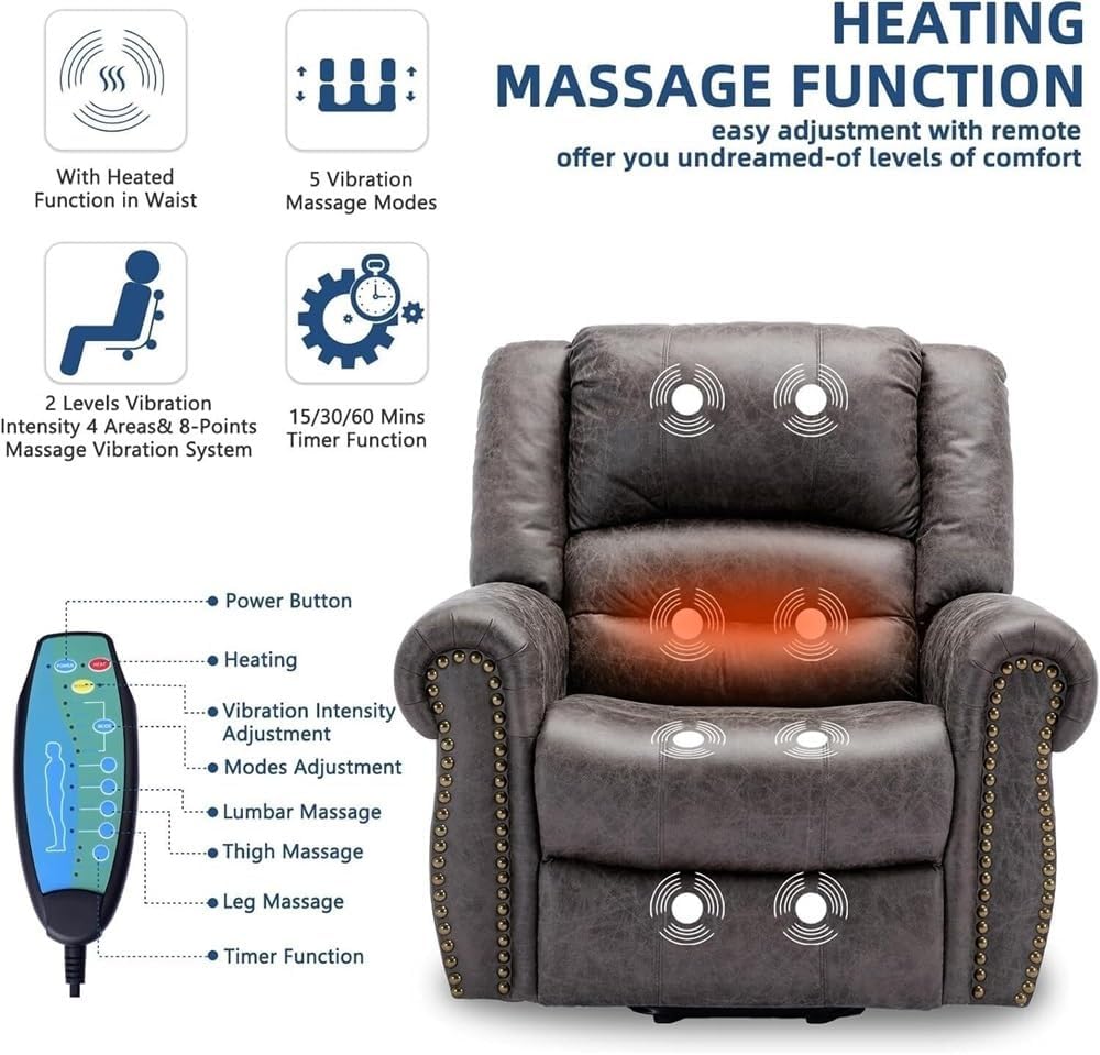 Power Lift Recliner with Heat and Massage – Dual Remote Electric Recliner Chair, PU Leather, USB Charging Ports & Side Storage Pockets for Elderly, Bedroom, Living Room