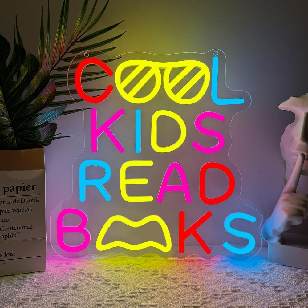 Cool Kids Read Books Neon Sign,Classroom Neon Sign Gift for Kids Teens,Reading LED Light Wall Decor for Library Reading Corner Bedroom Book Themed Party Decorations Study Room USB Powered（12.2"*12.1"）