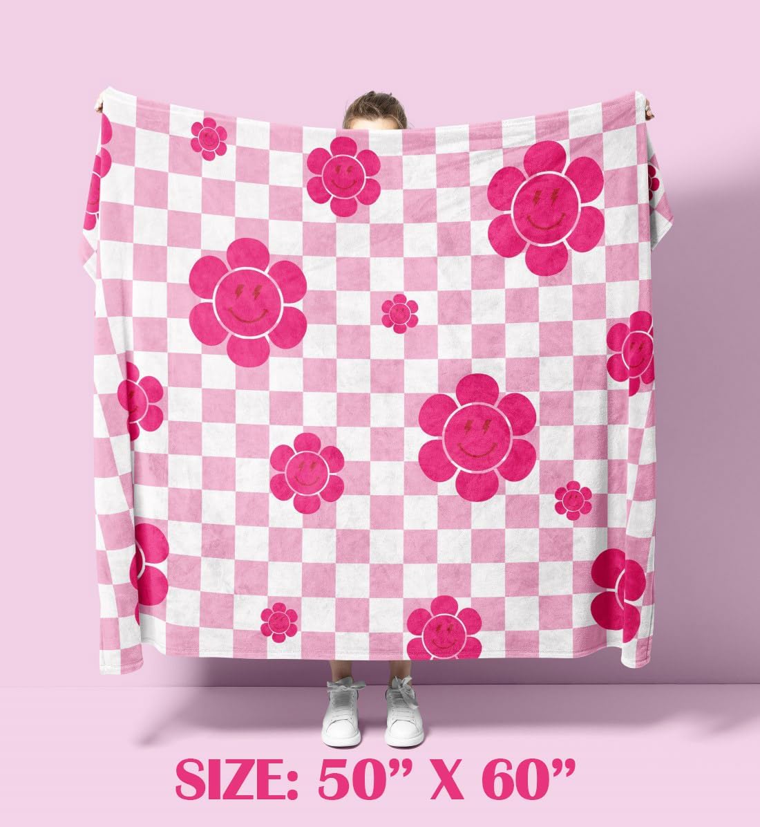 MINI ZOZI Pink Preppy Throw Blanket 50x60 Smiley Face Retro Cute Soft Flannel for Teen Girls Blankets Bedroom Decor Birthday Gifts Pink White Checkered Accessories Stuff