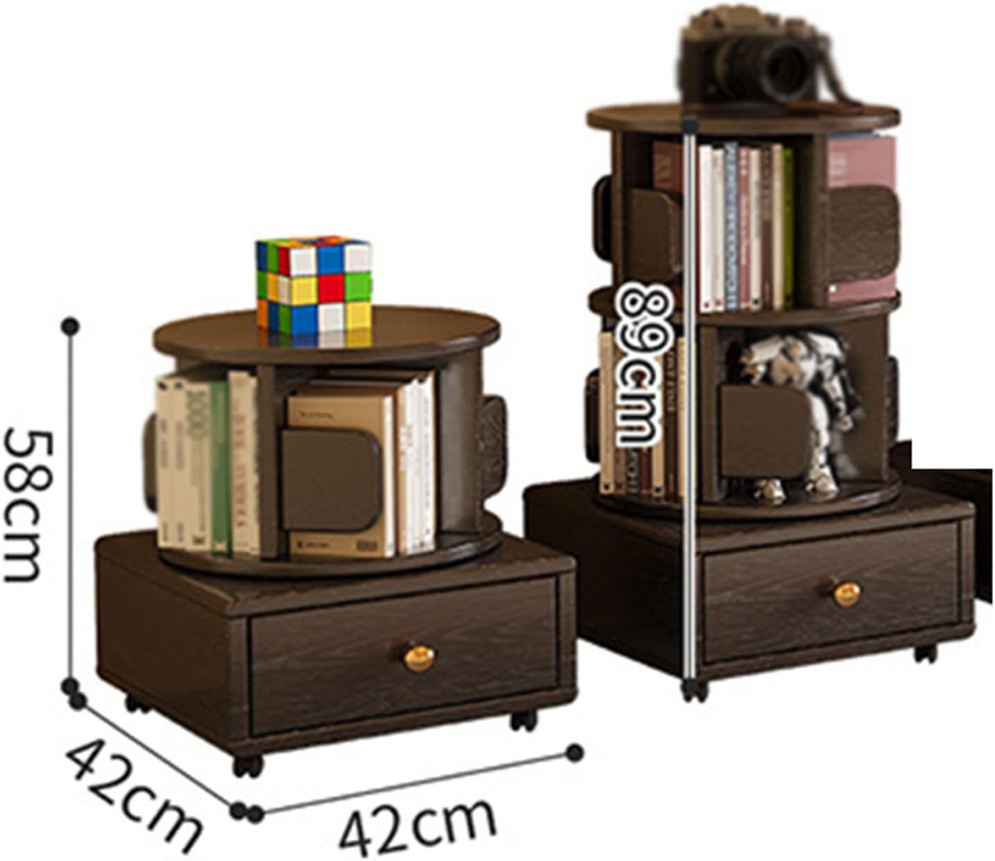 Bedside End Table with Storage & Wheels Movable, Rotating Bookshelf 360 Display 2 Tier, Rustic Side Table Bookcase Storage Rack for Living Room Bedroom