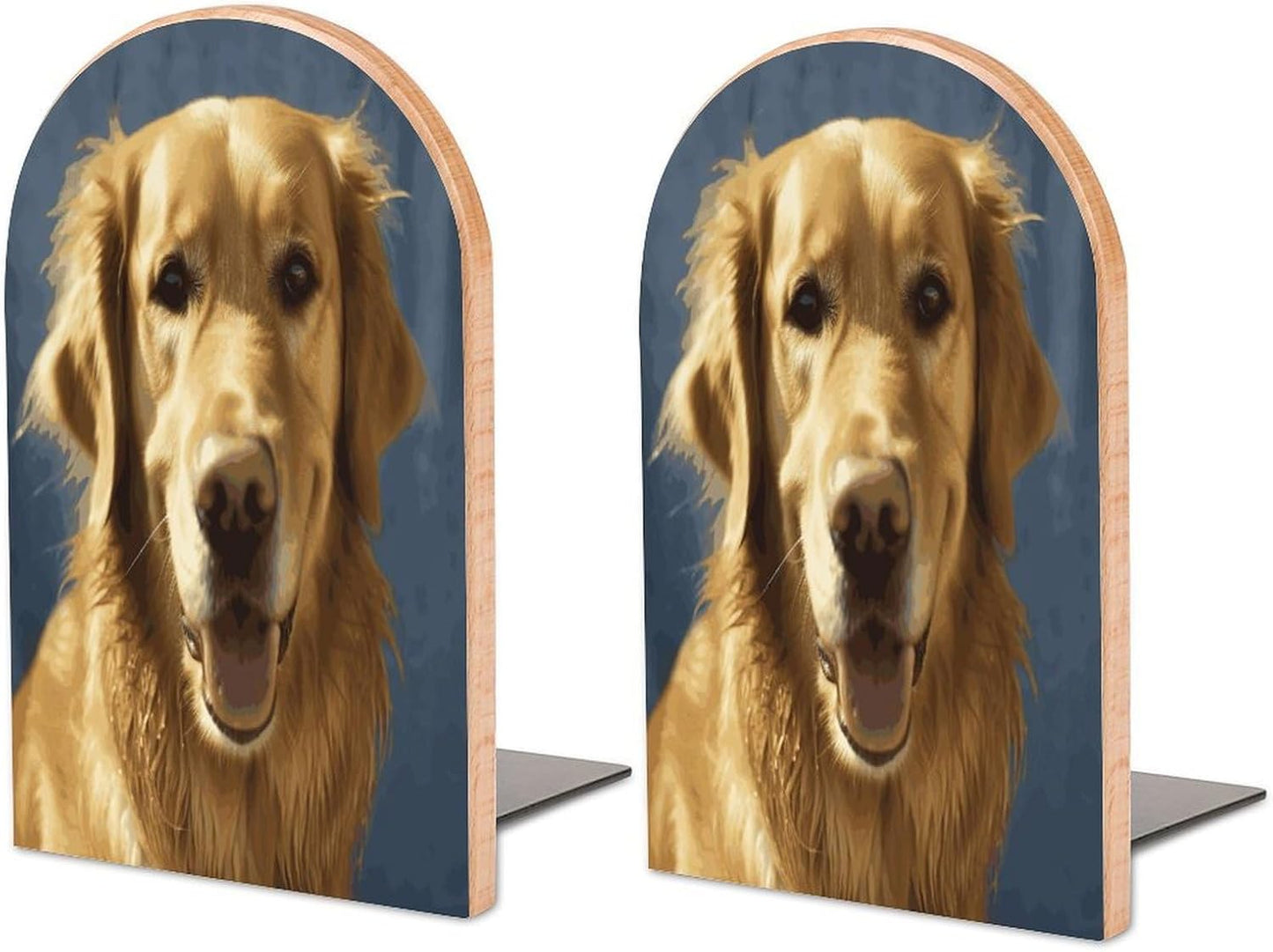 Non-Slip Bookend for Shelves Golden Dog Wooden Bookends with Metal Base Decorative Book Stopper for Home Heavy Duty Wood Book Storage for Books/CDs