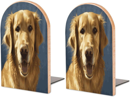 Non-Slip Bookend for Shelves Golden Dog Wooden Bookends with Metal Base Decorative Book Stopper for Home Heavy Duty Wood Book Storage for Books/CDs
