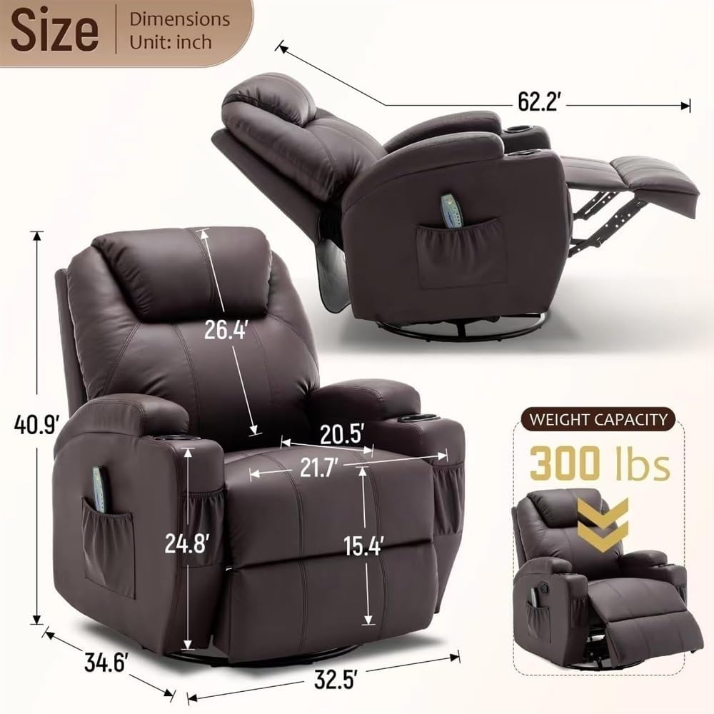 Swivel Rocking Recliner Chair with Massage and Heat, 360 Degree Power Recliner with Remote Control and Cup Holder for Living Room Home Theater Adults