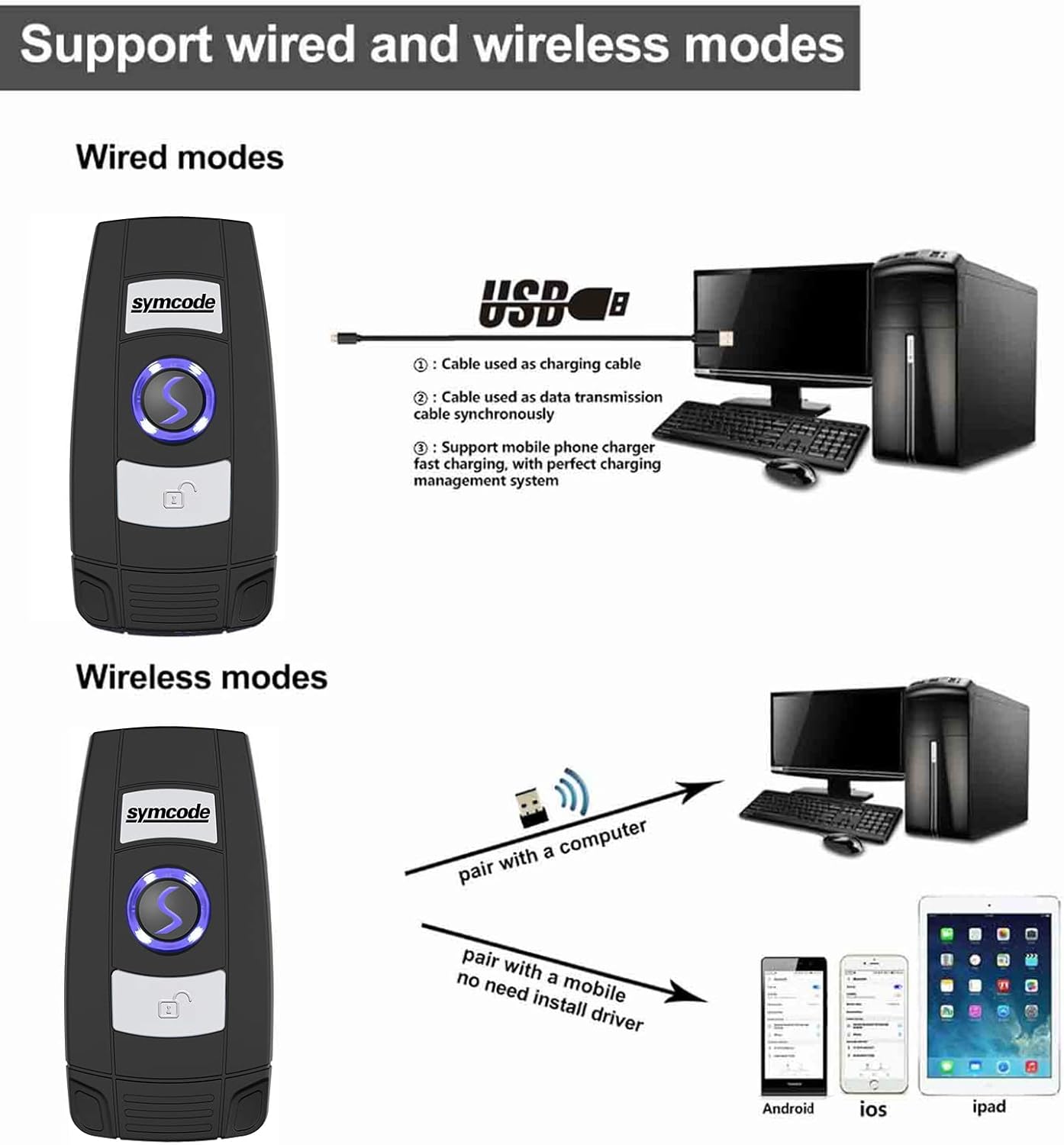 Mini 2D Portable Handheld Bluetooth Barcode Scanner Wireless 2.4G & USB Wired 3-in-1 Bar Code Scanner Portable USB QR Code Scanner for Windows.Android.iOS.MAC